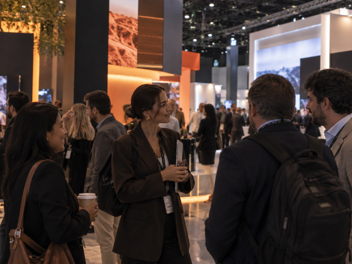 Hosts networking with visitors in an exhibition hall
