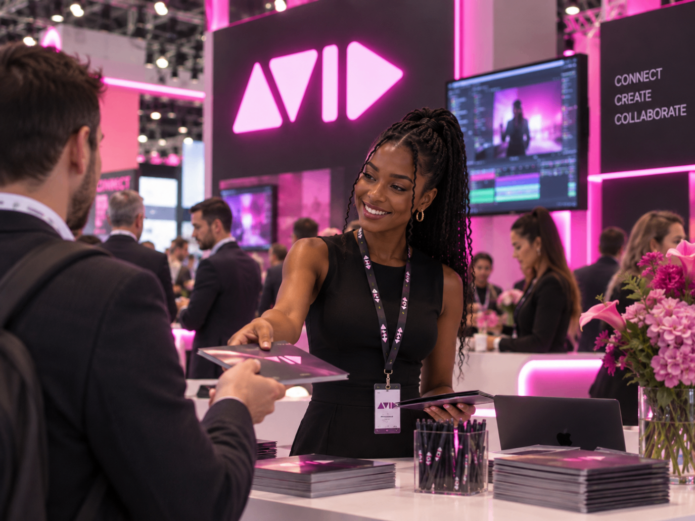 Brand ambassador sharing materials with a visitor at a booth