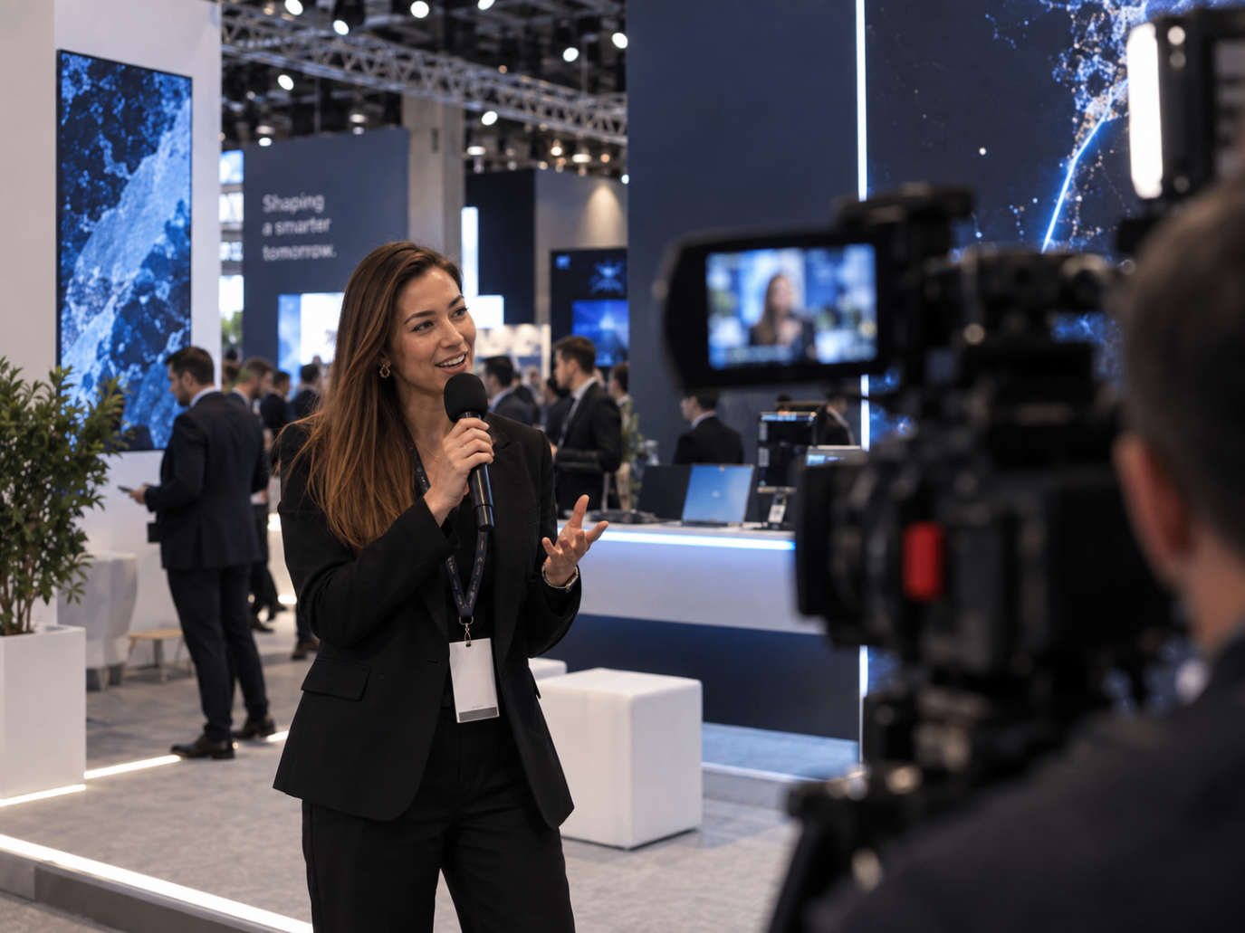 Presenter recording an on-stand interview at a trade show