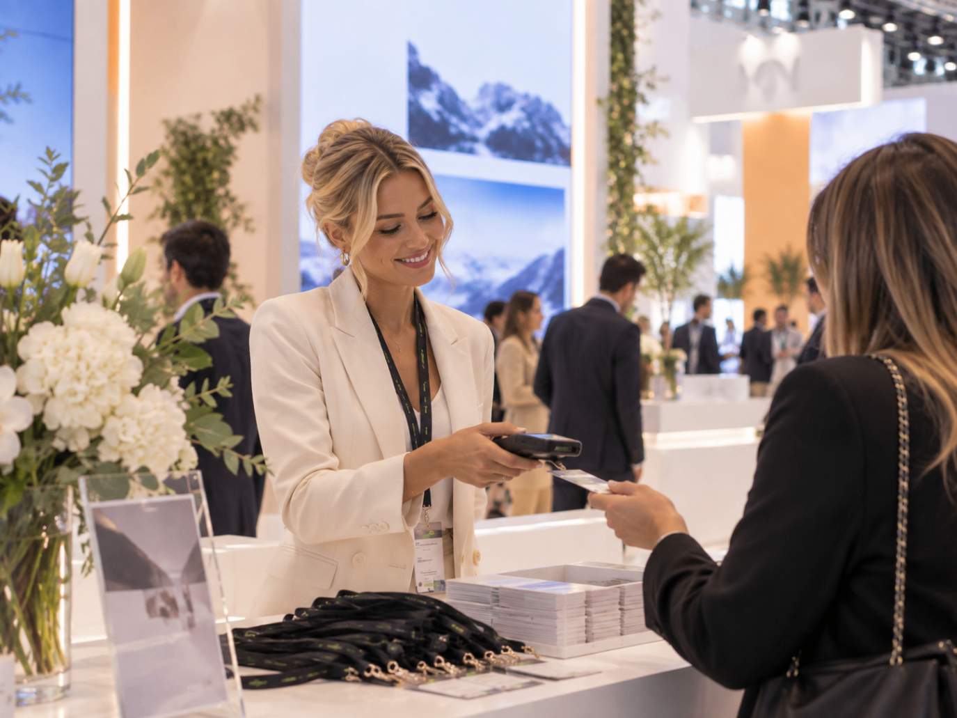 Registration host assisting a guest at an exhibition entrance