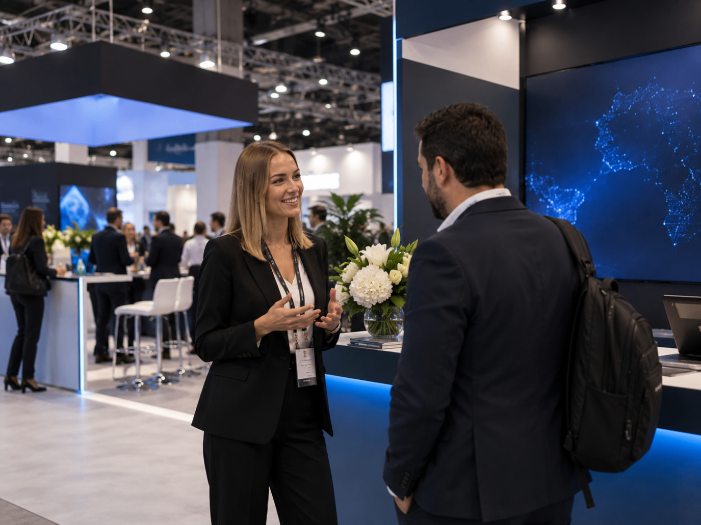 Exhibition host in conversation with a visitor