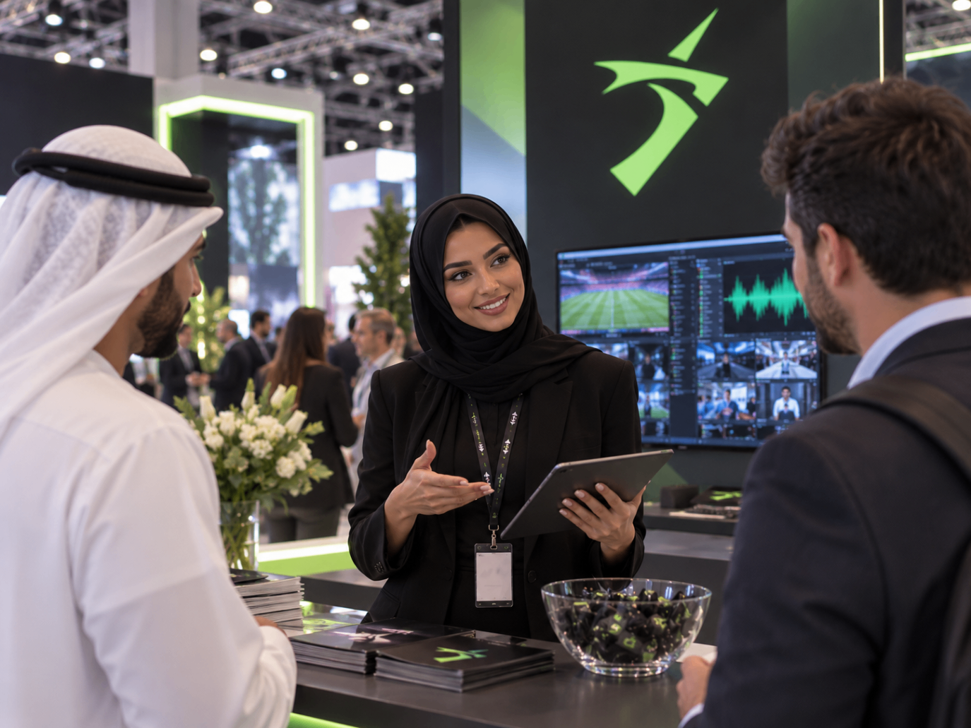 Team member running a tablet product demo at a stand
