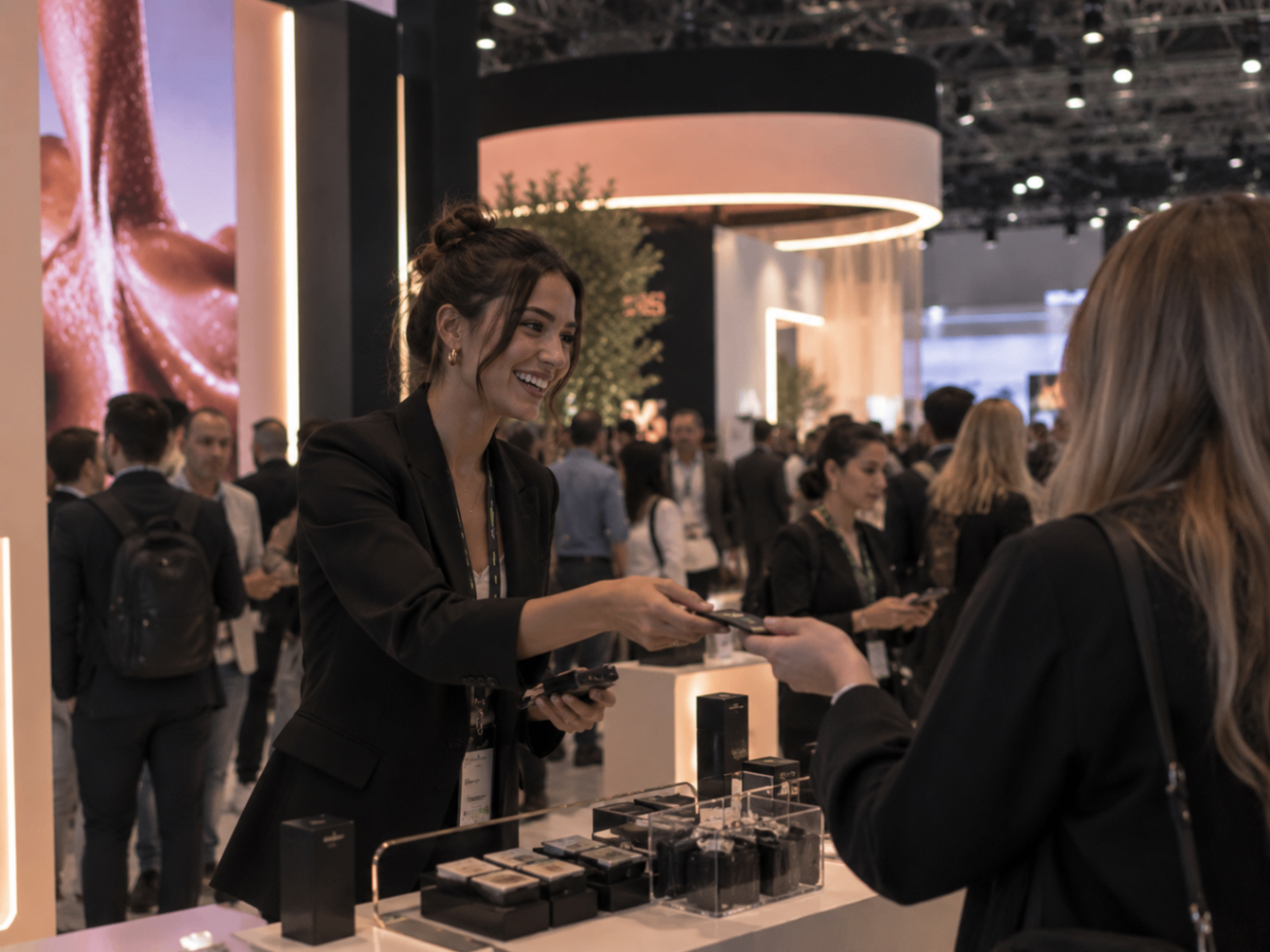 Host handing a product to a visitor at an exhibition stand