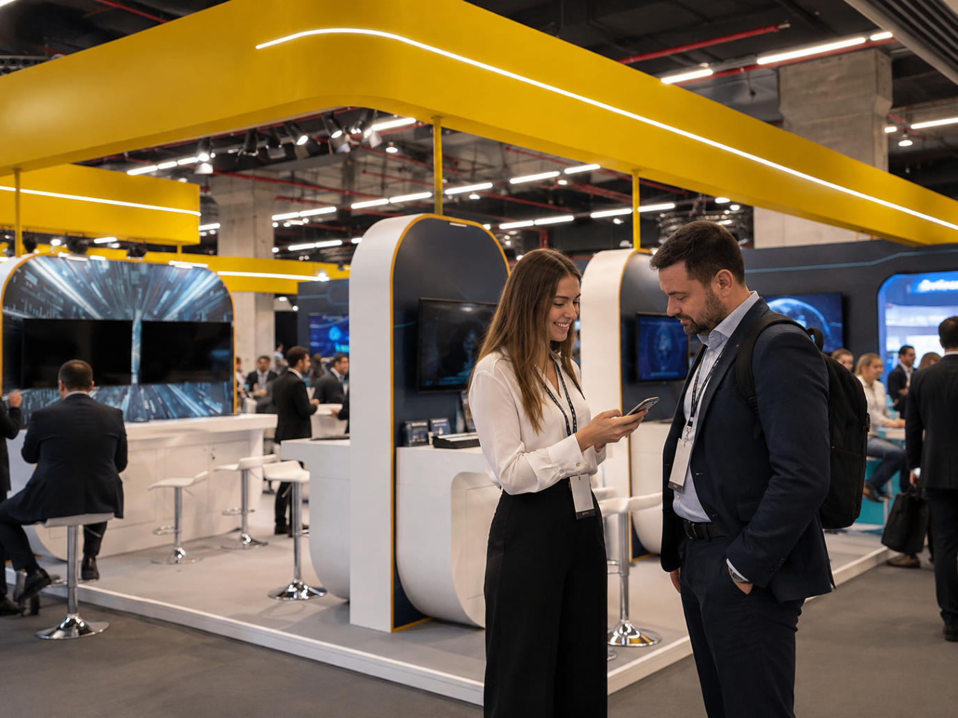 Host presenting a device to a visitor at a technology stand