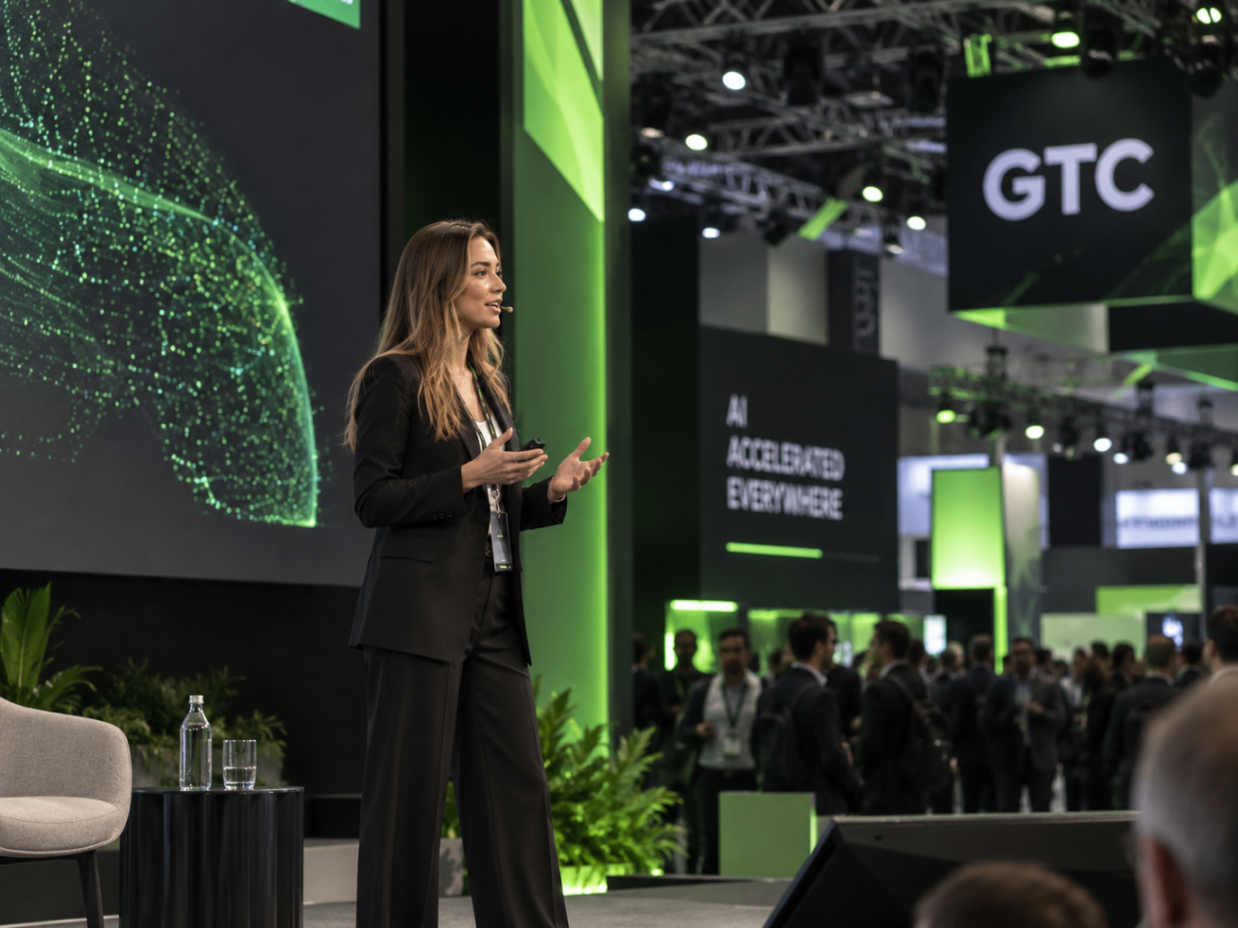 Speaker on stage during a trade show keynote session