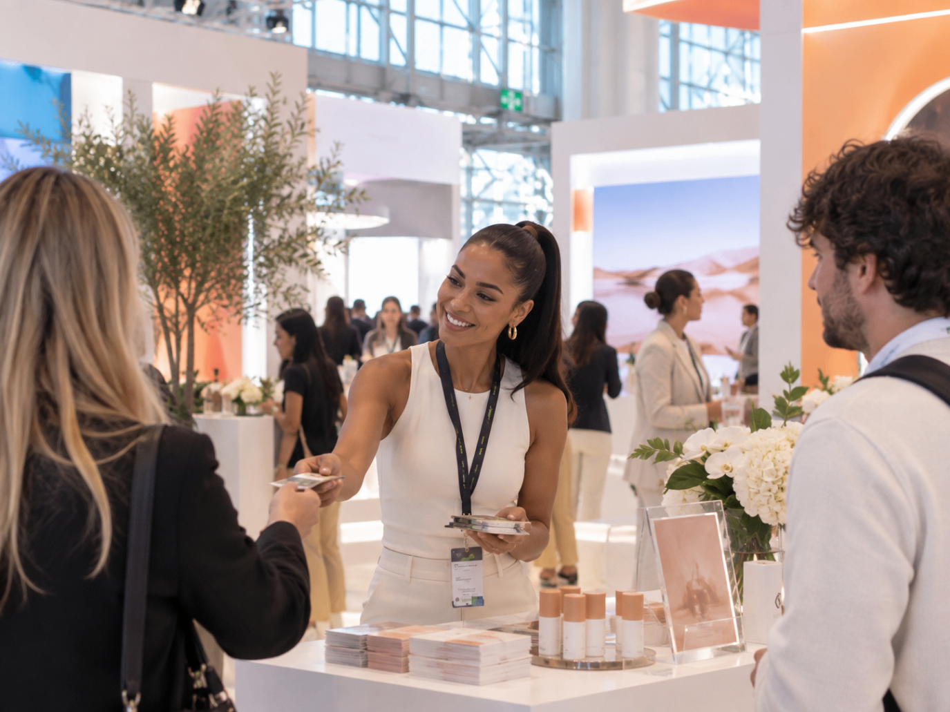 Trade show host welcoming guests at an exhibition stand